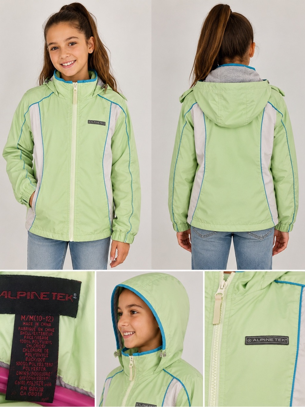 Alpine Tek Kids Rain Jacket Medium (10–12) Hooded Waterproof Shell Green